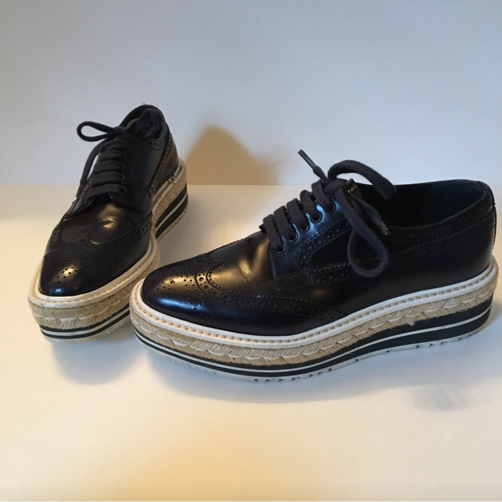NEW PRADA 35/5 WOMENS LEATHER OXFORD PLATFORM LOAFERS SHOES NAVY SNEAKERS